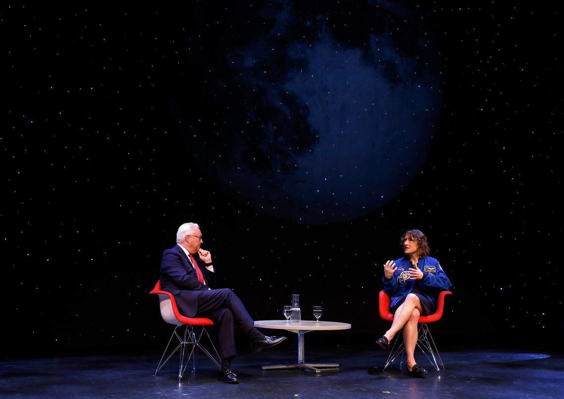 Christina Koch, a NASA astronaut and NC State alumna, speaks with NC State Chancellor Randy Woodson during his annual fall address on Monday, Oct. 23, 2023, in Talley Student Union’s Stewart Theater.