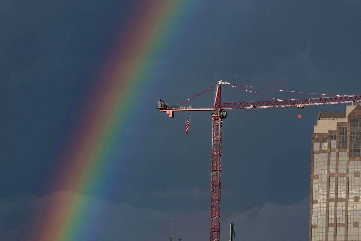 A rainbow appears over downtown Raleigh after a storm passed by Wednesday, July 2, 2025.