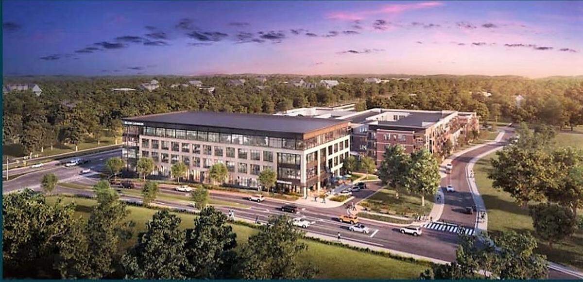 The four-story Gwendolyn office building is shown in the foreground in this architect’s rendering. Behind it is the Link Apartments Linden, a 215-unit apartment building and a parking deck that will serve office and residential tenants at Glen Lennox in Chapel Hill.