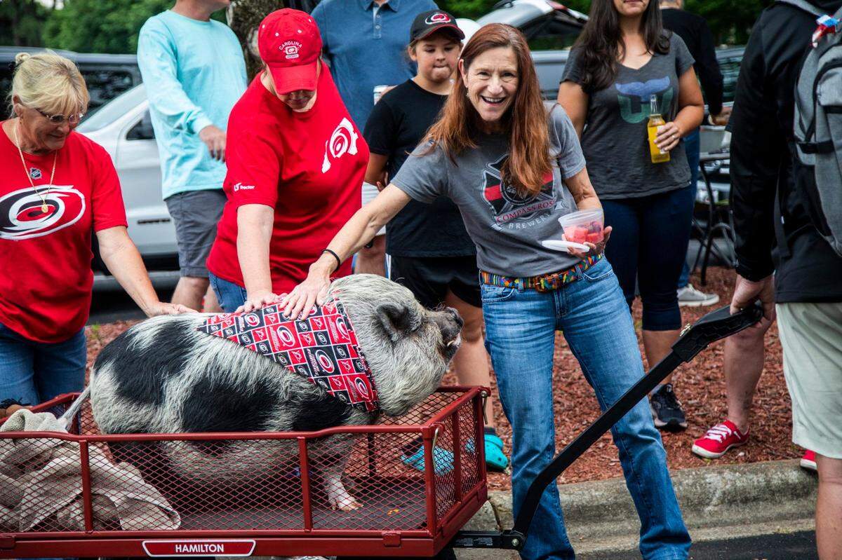 Carolina Hurricanes fan Pat Motschwiller poses with Hamilton the Pig prior to Game 1 of the Stanley Cup Playoffs against the Nashville Predators at PNC Arena Monday, May 17, 2021.