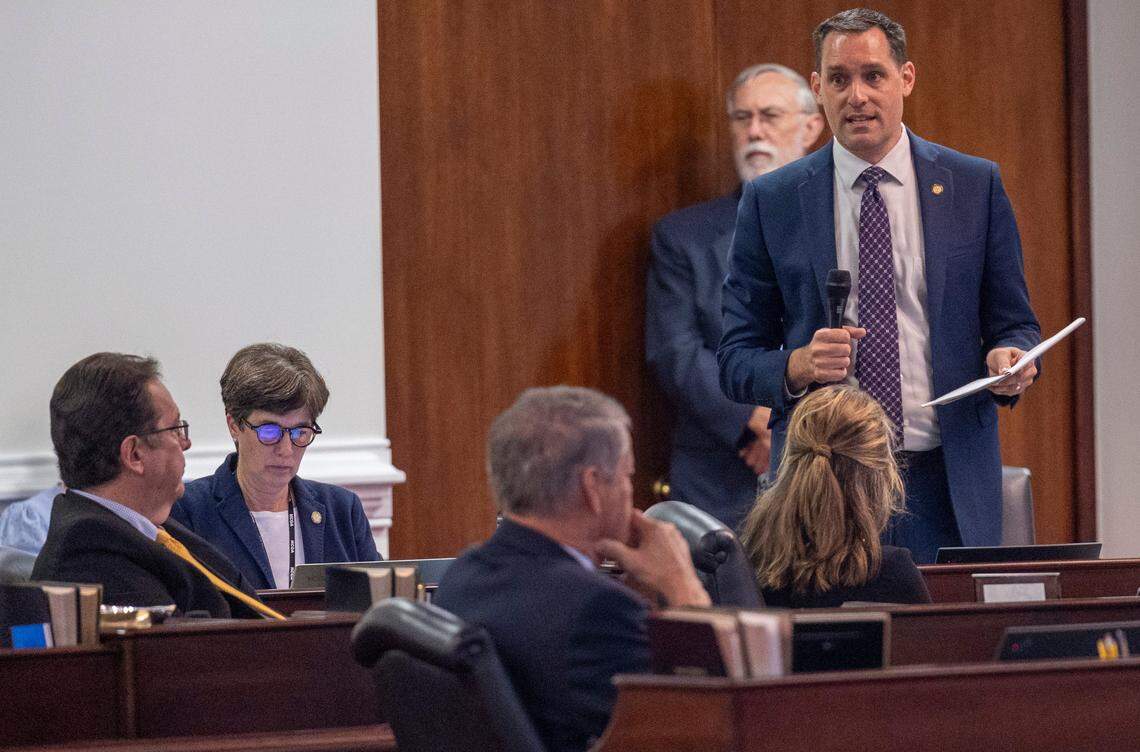 Sen. Graig Meyer, a Caswell, Orange and Person County Democrat,debates the state budget bill Friday, Sept. 22, 2023 on the Senate Floor of the General Assembly. Sen. Meyer raised numerous concerns with public records language in the budget bill.