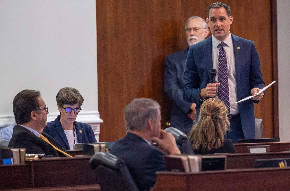 Sen. Graig Meyer, a Caswell, Orange and Person County Democrat,debates the state budget bill Friday, Sept. 22, 2023 on the Senate Floor of the General Assembly. Sen. Meyer raised numerous concerns with public records language in the budget bill.