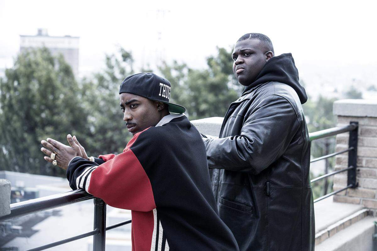Marcc Rose as Tupac Shakur, left, and Wavyy Jonez as Christopher "Biggie" Wallace in "Unsolved: The Murders of Tupac Shakur and the Notorious B.I.G."