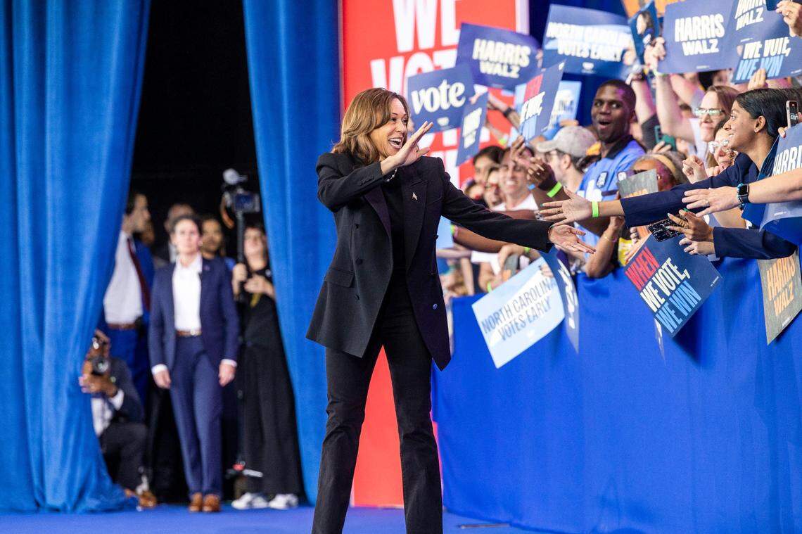 Vice President Kamala Harris takes the stage during a rally at Coastal Credit Union Music Park at Walnut Creek in Raleigh on Wednesday, Oct. 30, 2024.