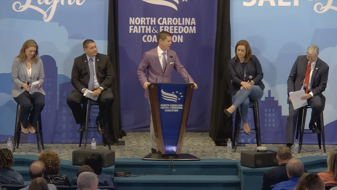 A screenshot shows Chad Slotta moderating a panel on critical race theory and other topics featuring North Carolina GOP Sens. Vickie Sawyer and Ted Alexander, and GOP Reps. Erin Paré and David Willis, at the 2021 Salt & Light Conference on Saturday, Sept. 25, 2021, in Mount Airy, N.C.
