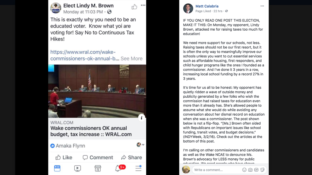 Wake County Commissioner Matt Calabria shared a photo from Lindy Brown's Facebook regarding public education.