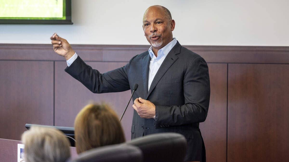Eugene Woods, CEO of Advocate Health, the parent company of Atrium Health, answers questions from the Wake County Board of Commissioners during a four-hour meeting at the Wake County Justice Center on Monday, June 8, 2026, regarding a proposed merger that would make WakeMed part of Atrium Health, one of the nation’s largest nonprofit health systems.