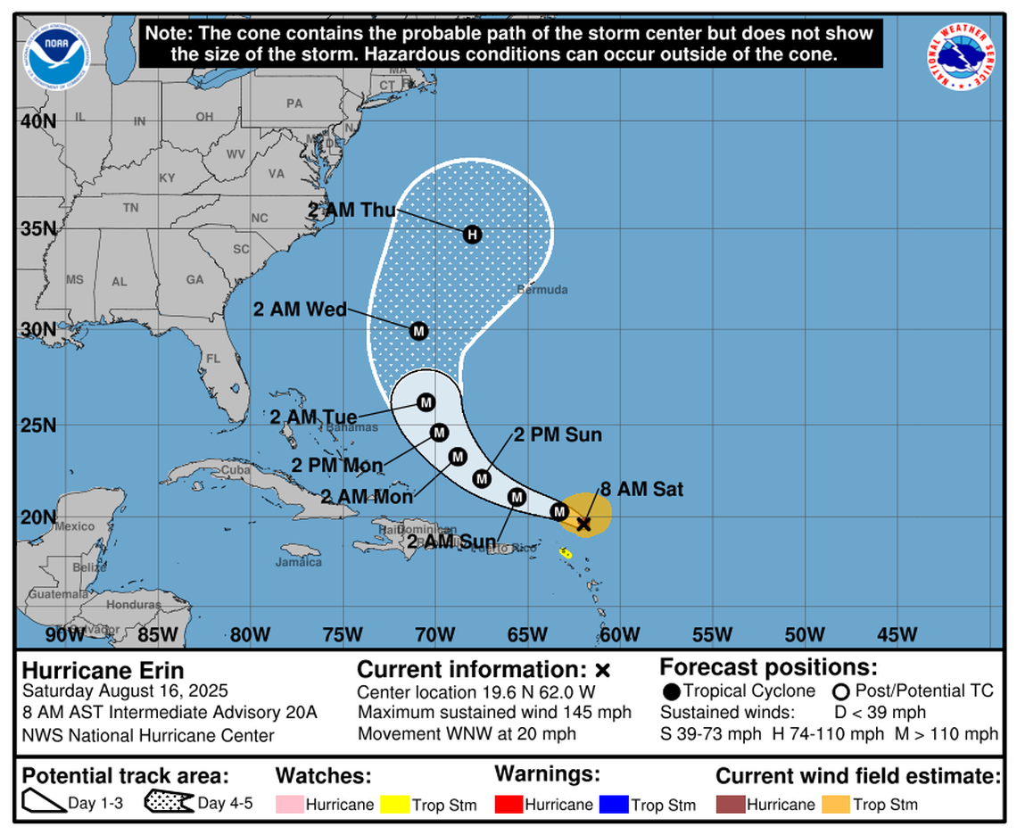 Hurricane Erin went from Category 3 to Cat 5 on Saturday. Forecasters still expect it to stay east of the United States.