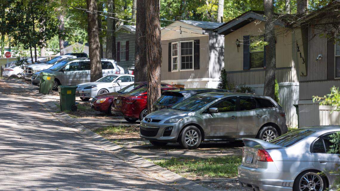 Homes on Chestnut Street in the Chatham Estates mobile home park on Friday, September 15, 2023 in Cary, N.C. The owner of the property is considering selling, and residents are concerned about having to move and find other affordable housing in Cary.