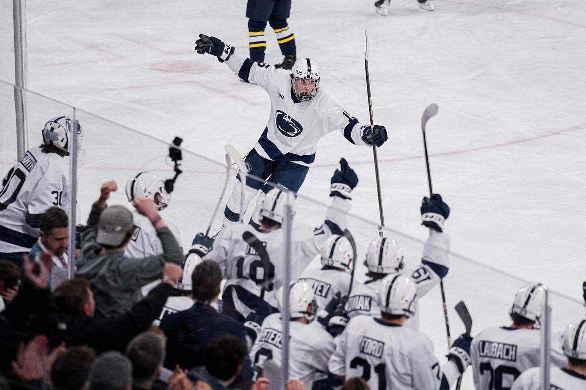 Penn State forward Charlie Cerrato scores during game against Michigan at Pegula Ice Arena in University Park, PA, on Nov. 23, 2024. Photo by Kylie Barton (Penn State)