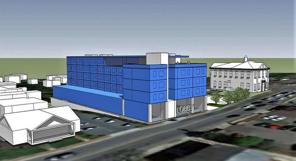 Preliminary plans for a four- to five-story hotel in downtown Chapel Hill show a main entrance off West Rosemary Street, with a rooftop terrace overlooking the street. The building height would be lower next to the Pritchard Avenue neighborhood.