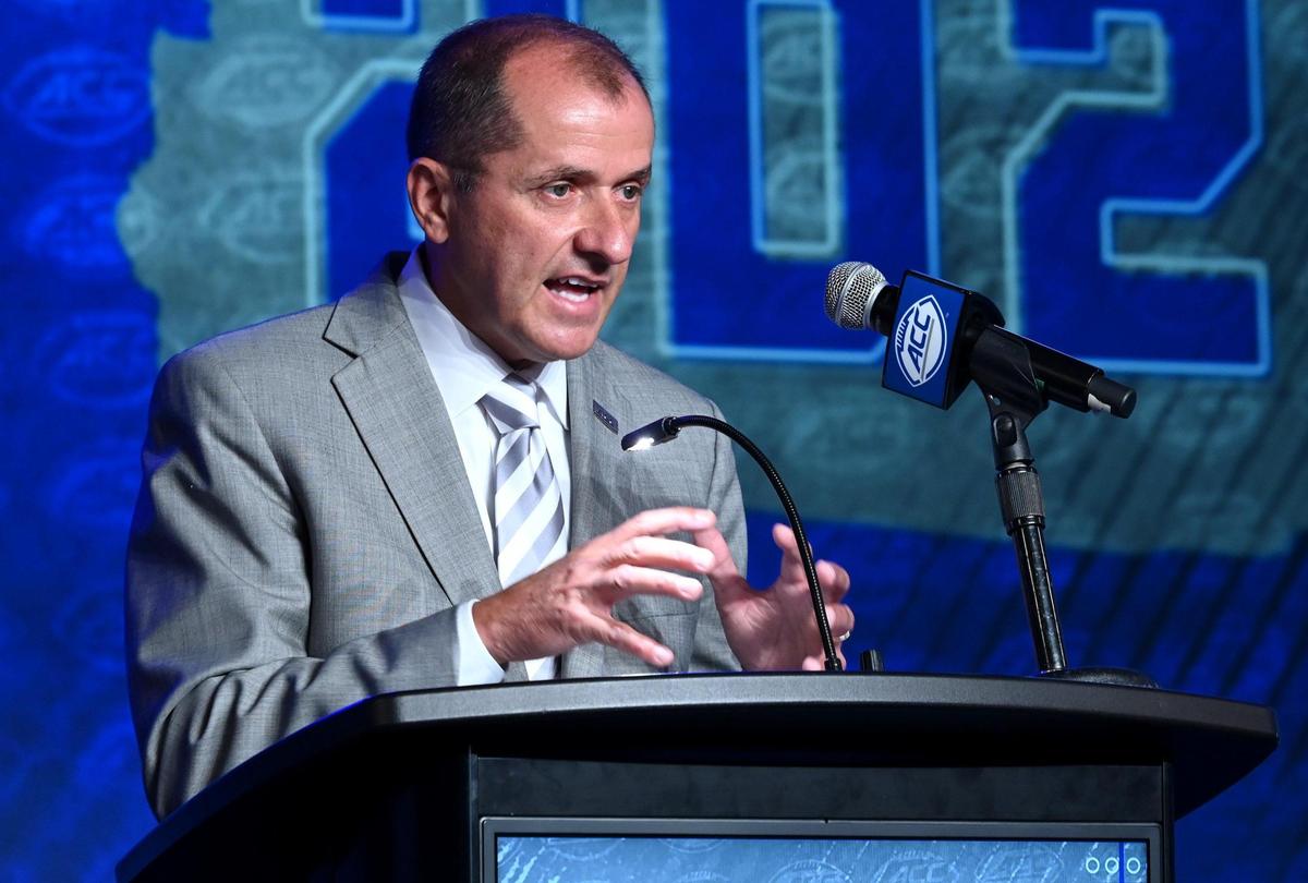 ACC Commissioner James Phillips responds to a reporter’s question during the first day of the 2023 ACC Football Kickoff event in Charlotte, NC on Tuesday, July 25, 2023.