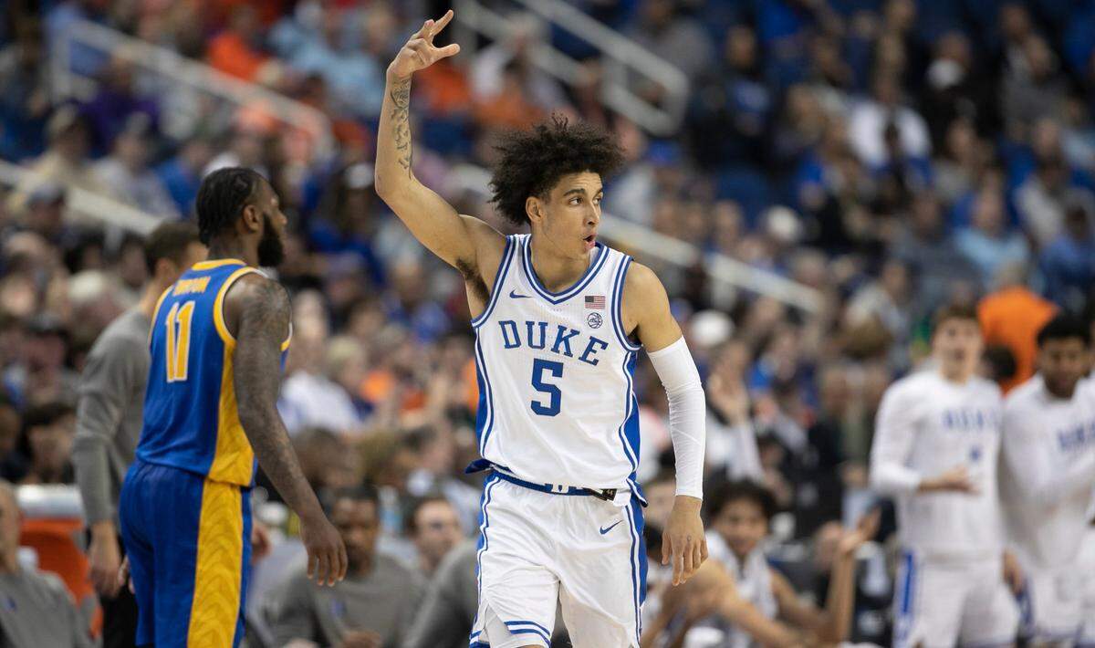 Duke’s Tyrese Proctor (5) reacts after a three point basket in the second half against Pittsburgh during the third round of the ACC Tournament on Thursday, March 9, 2023 at the Greensboro Coliseum in Greensboro, N.C.