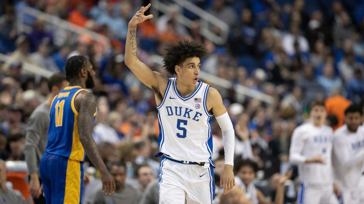 Duke’s Tyrese Proctor (5) reacts after a three point basket in the second half against Pittsburgh during the third round of the ACC Tournament on Thursday, March 9, 2023 at the Greensboro Coliseum in Greensboro, N.C.