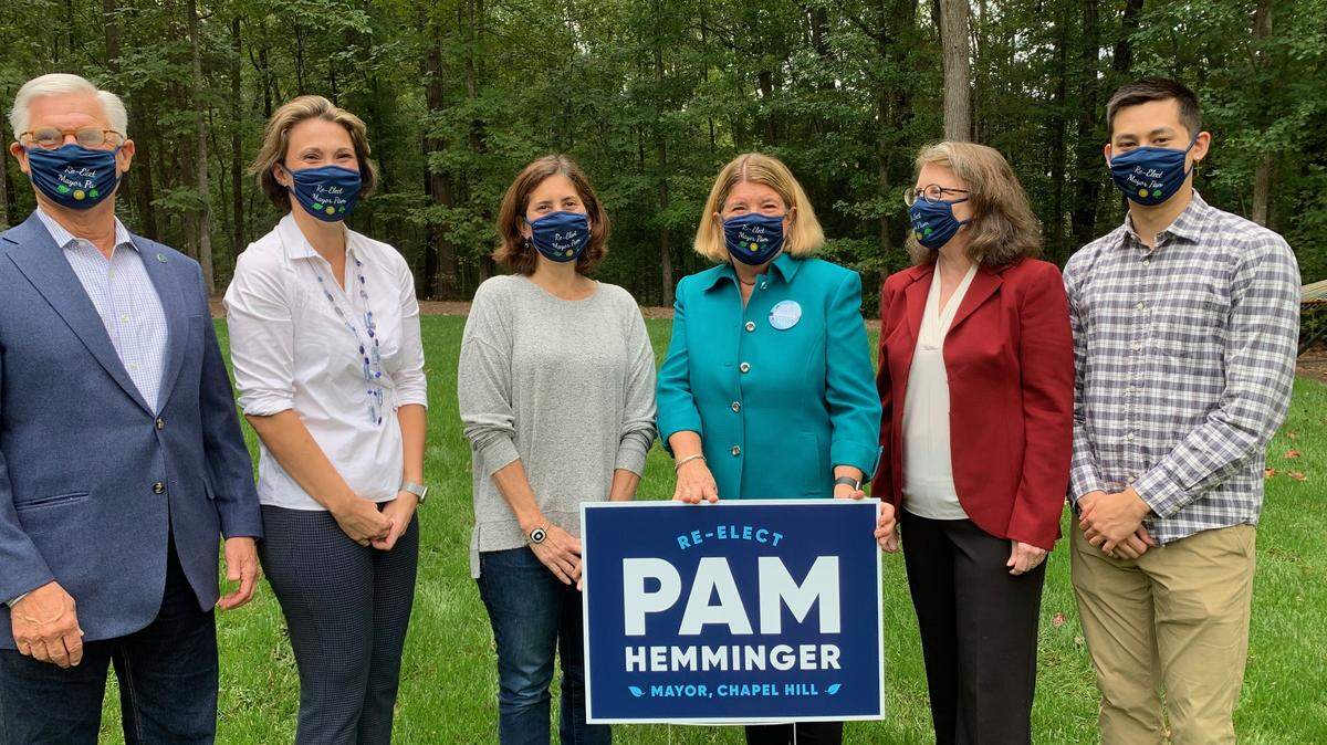 Chapel Hill Mayor Pro Tem Michael Parker, left, and Council members Jessica Anderson, Karen Stegman, Amy Ryan and Tai Huynh endorsed Mayor Pam Hemminger, center, for re-election on Tuesday, Oct. 12, 2021.
