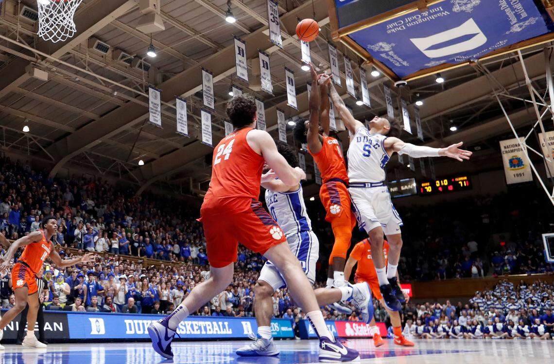 Clemson’s Josh Beadle (0) fouls Duke’s Tyrese Proctor (5) with one second left in the game during Duke’s 72-71 victory over Clemson at Cameron Indoor Stadium in Durham, N.C., Saturday, Jan. 27, 2024.