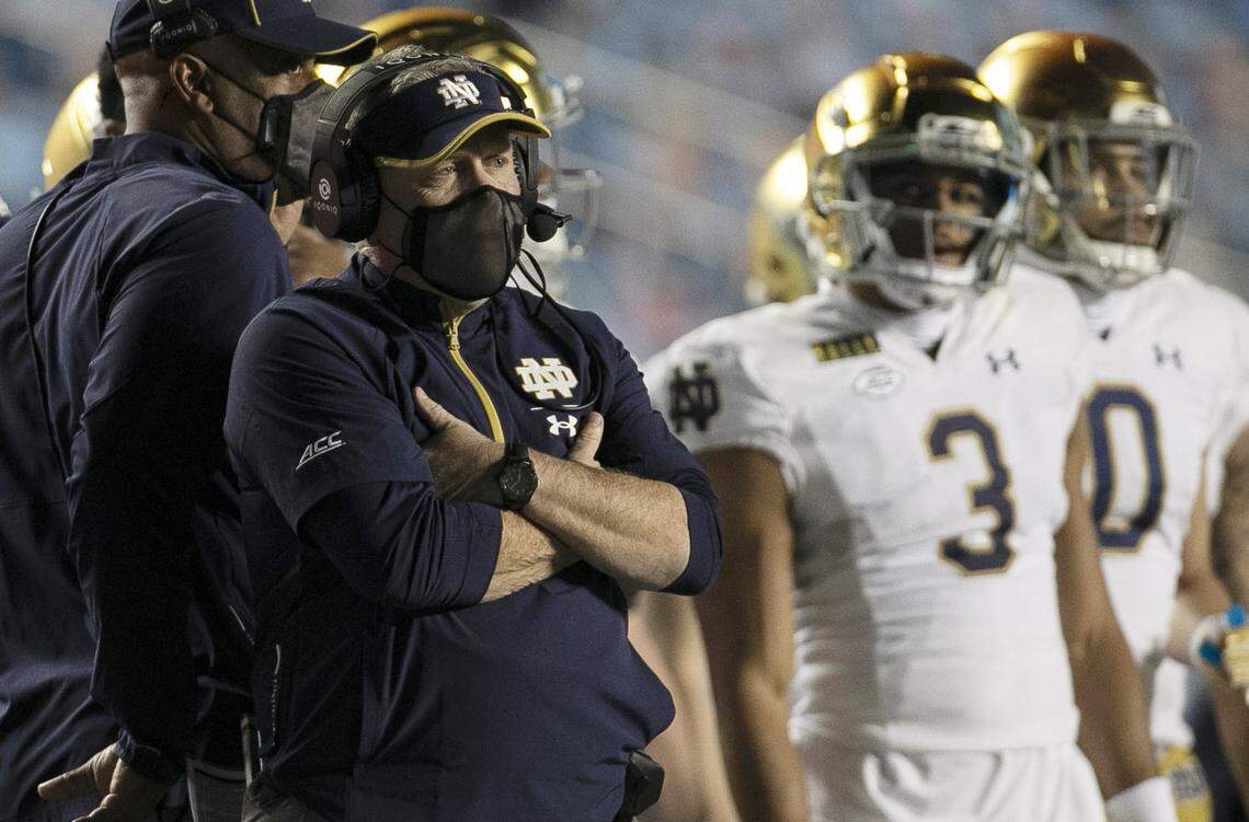 Notre Dame head coach Brian Kelly watches his team during the fourth quarter against North Carolina on Friday, November 27, 2020 at Kenan Stadium in Chapel Hill, N.C.