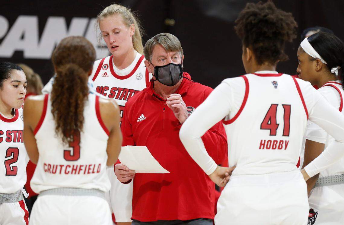 N.C. State head coach Wes Moore talks with his team during the first half of N.C. State’s game against Clemson at Reynolds Coliseum in Raleigh, N.C., Thursday, February 11, 2021.