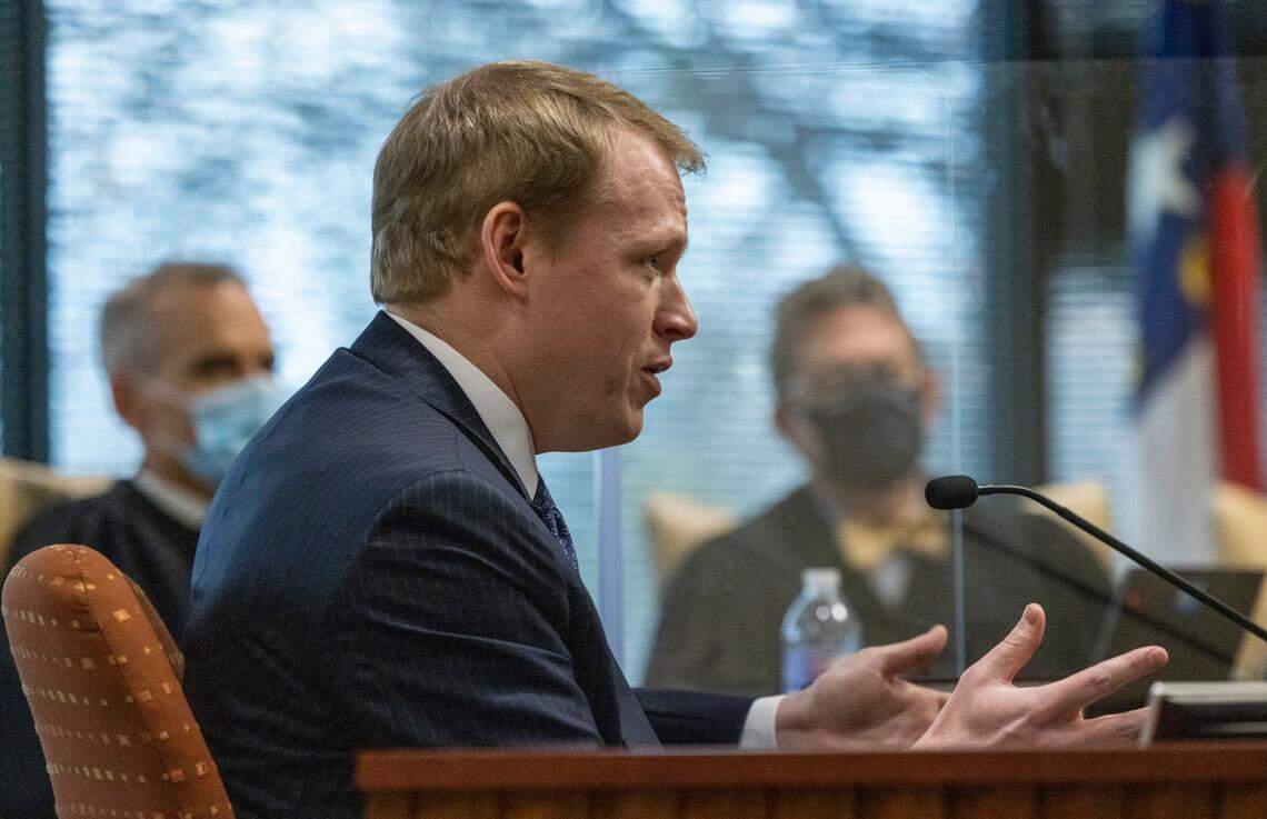 State Rep. Destin Hall, a top Republican redistricting official testifies during a partisan gerrymandering trial Wednesday, Jan. 5, 2022 at Campbell University School of Law in Raleigh, NC.