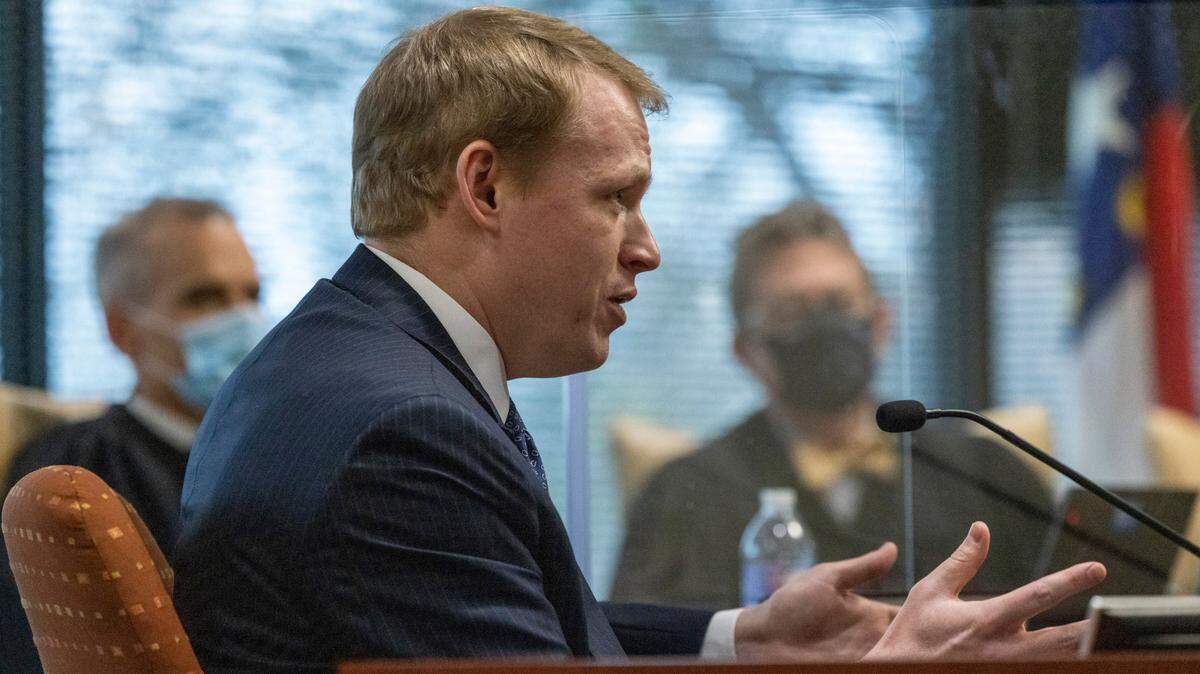 State Rep. Destin Hall, a top Republican redistricting official, testifies during a partisan gerrymandering trial Wednesday, Jan. 5, 2022 at Campbell University School of Law in Raleigh, NC.
