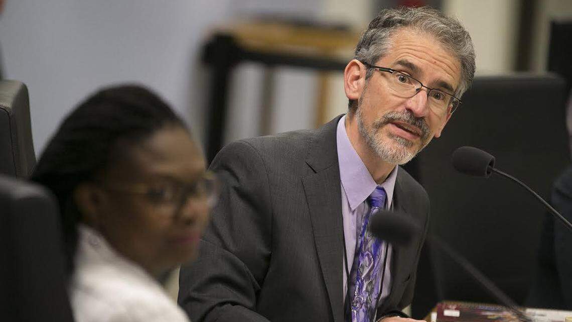 Wake County school board vice chairman Jim Martin speaks during their meeting on Tuesday, May 1, 2018 in Cary, N.C.