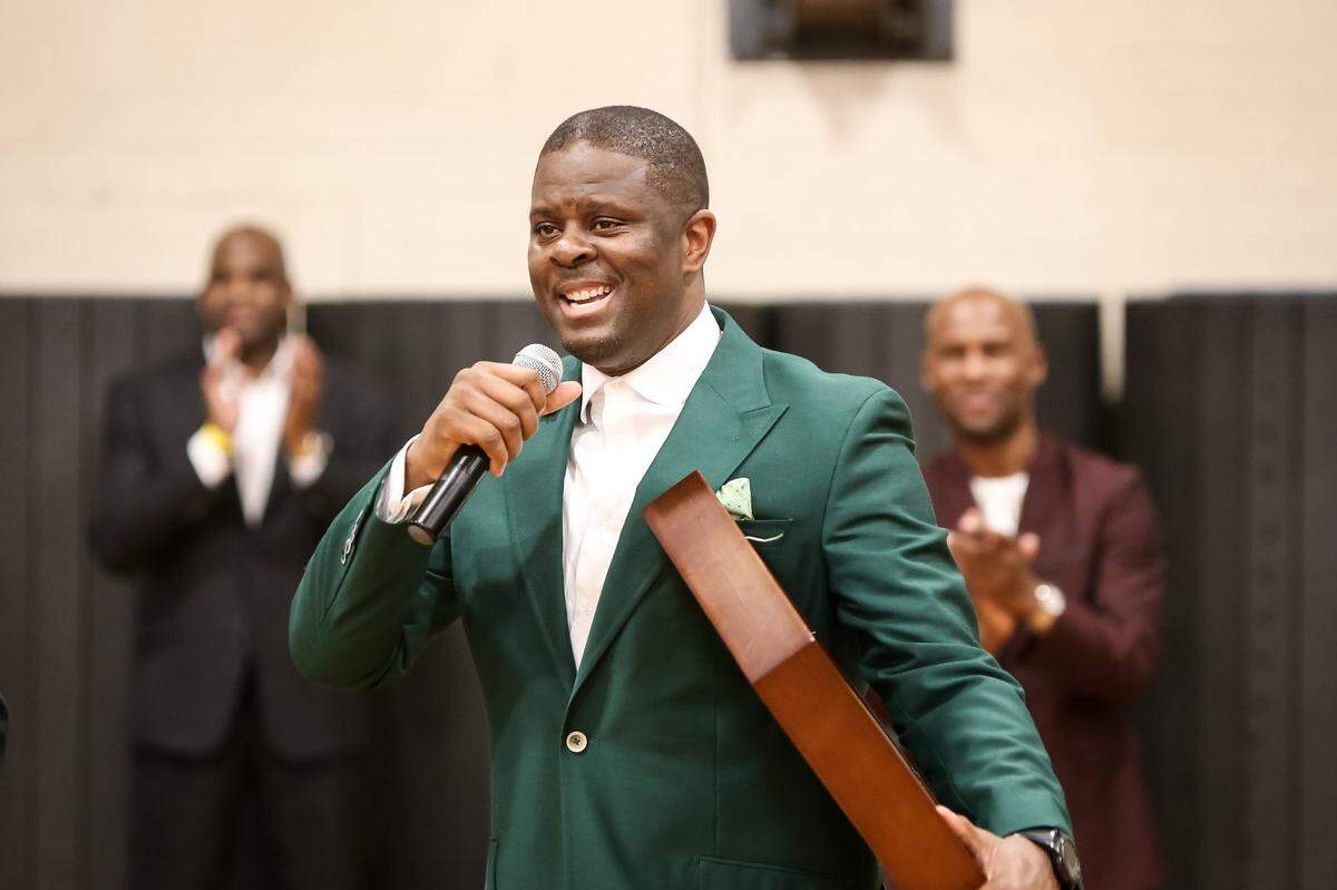 Enloe High School honors alums LeVelle Moton, pictured, along with Nate McMillian and PJ Tucker at halftime of their home game vs. Cardinal Gibbons on Friday, February 15, 2019.