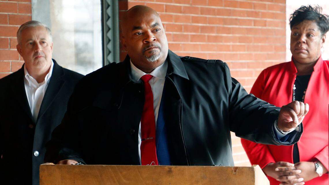 N.C. Lt. Gov. Mark Robinson, center, speaks during a press conference. On the right is his wife, Yolanda Hill, whose nonprofit Balanced Nutrition is under scrutiny from N.C. DHHS.