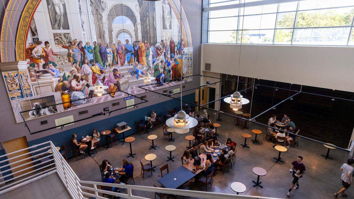 A mural recreating Raphael’s “School of Athens”&nbsp;overlooks a food court at UNC-Asheville’s Highsmith University Union.