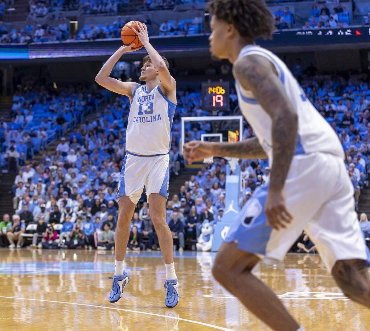 North Carolina center Henri Veesaar (13) connects for a three-point basket in the second half against Georgetown on Sunday, December 7, 2025 at the Smith Center in Chapel Hill, N.C. Veesaar scored 18 points and secured 15 rebounds in the Tar Heels’ 81-61 victory. 