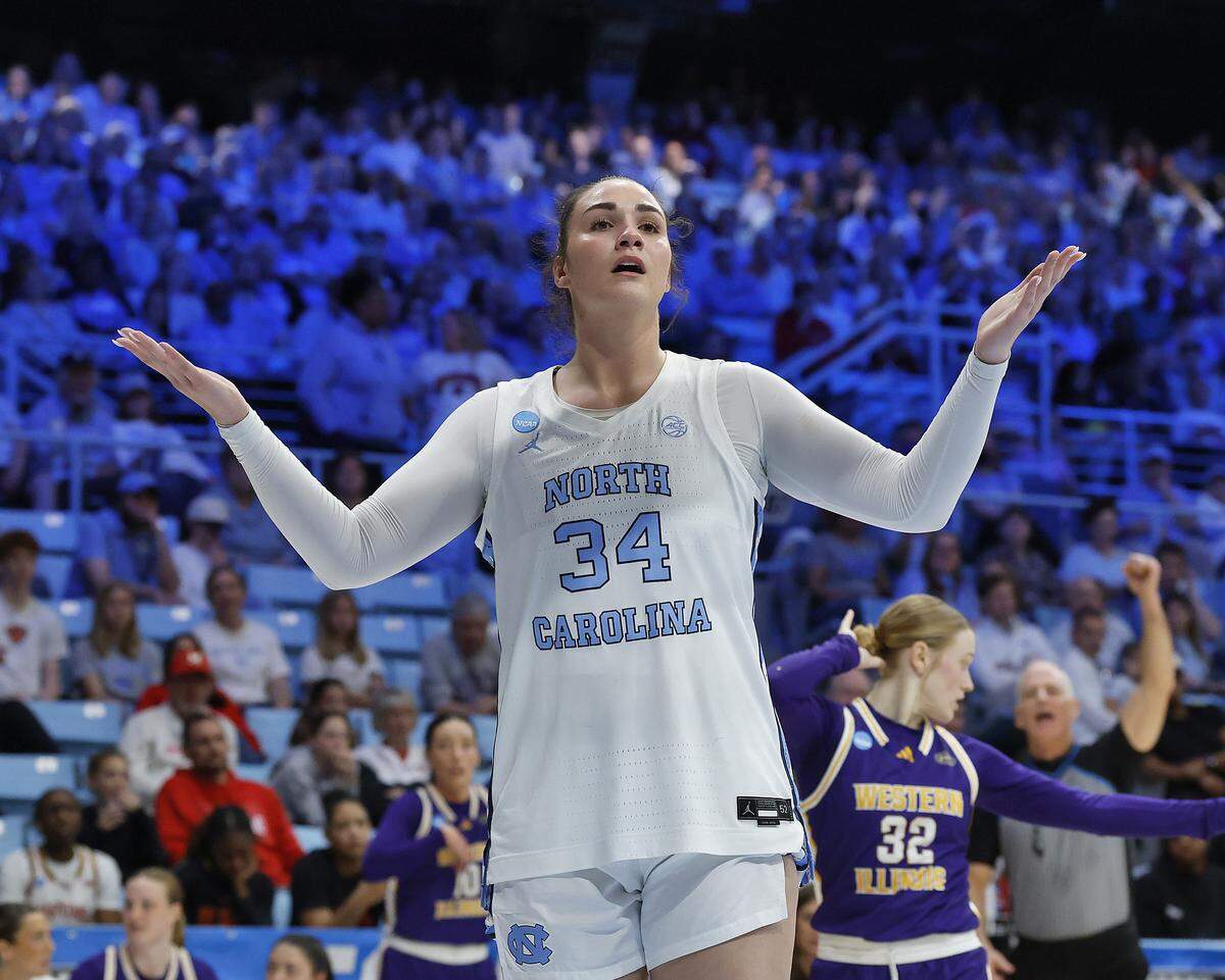 North Carolina’s Blanca Thomas reacts to a call by an official during the first half of the Tar Heels’ 82-51 first-round NCAA Tournament win over Western Illinois on Friday, March 20, 2026, at Carmichael Arena in Chapel Hill, N.C.