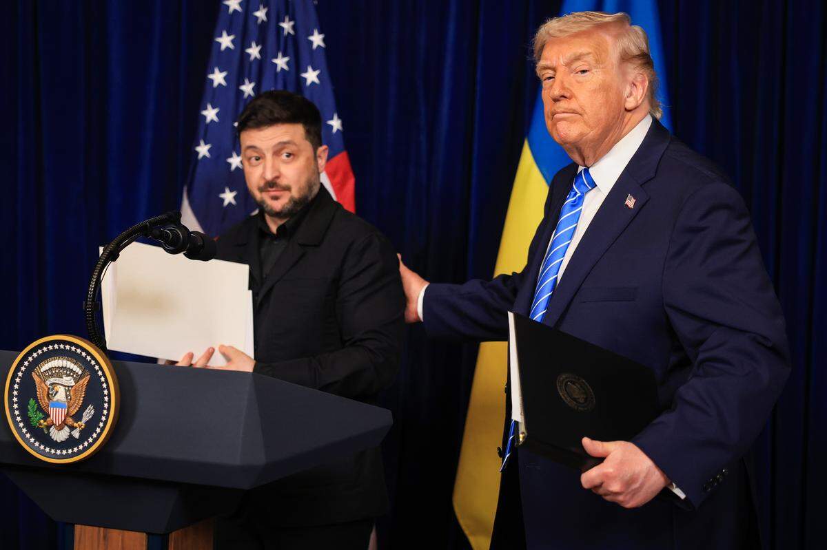 President Donald Trump and Ukrainian President Volodymyr Zelensky leave a press conference following their meeting at Trump’s Mar-a-Lago club this week. 
