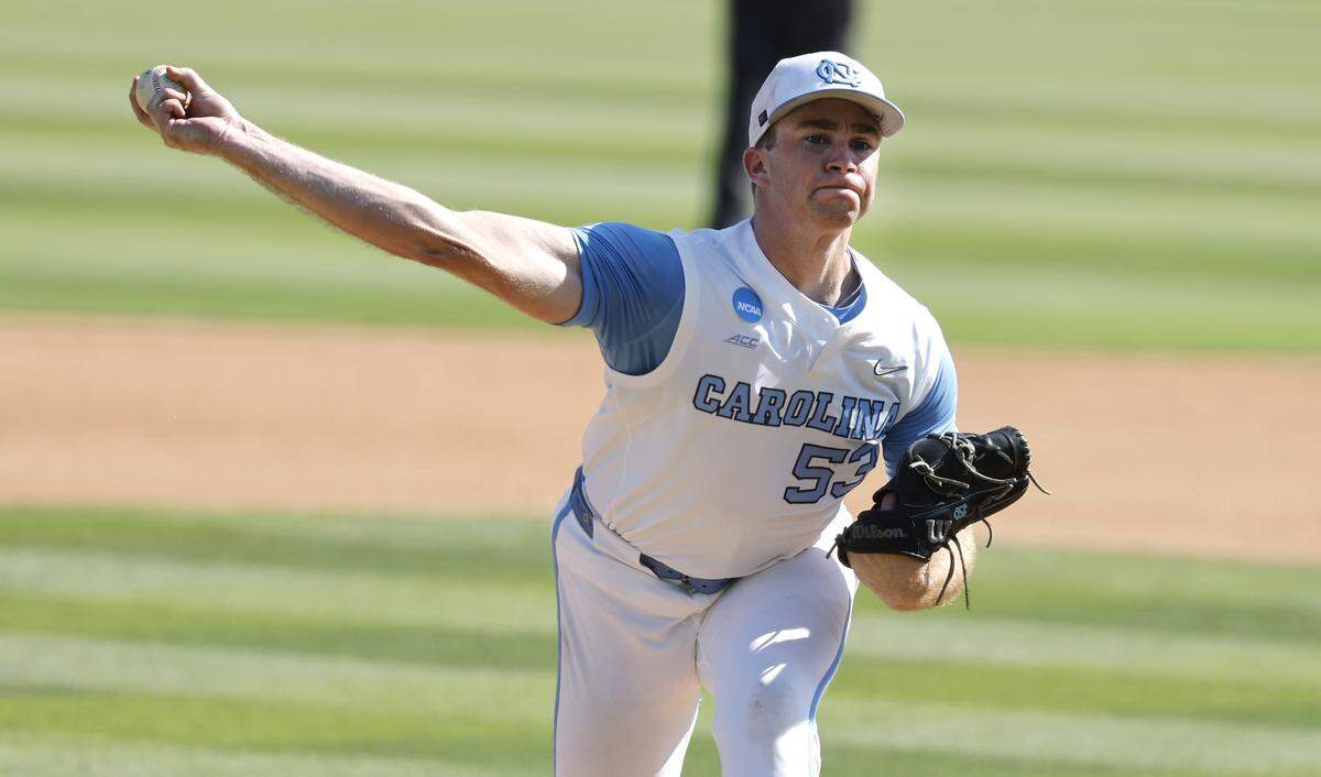 North Carolina's Ryan Lynch (53) pitches during UNC’s game against USC in the first game of the Chapel Hill Super Regional at Boshamer Stadium in Chapel Hill, N.C., Friday, June 5, 2026.