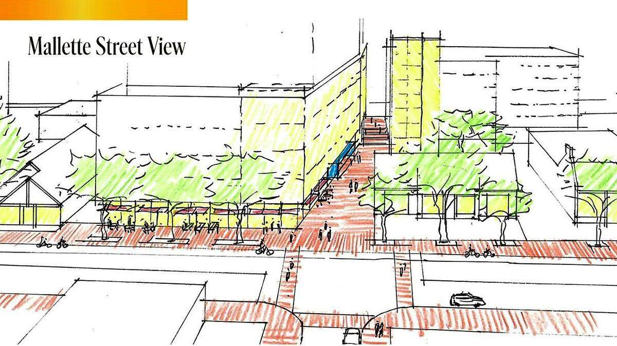 Early plans for a life sciences building in the 300 block of West Franklin Street in downtown Chapel Hill. This view is from Mallette Street and Panera Bread.