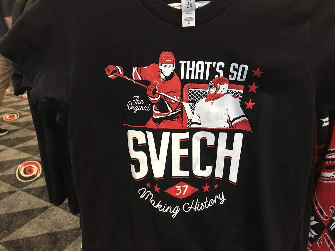 Carolina Hurricanes forward Andrei Svechnikov became the first player in NHL history to score on a lacrosse play, doing it twice this season, and the Canes promoted it with T-shirts.