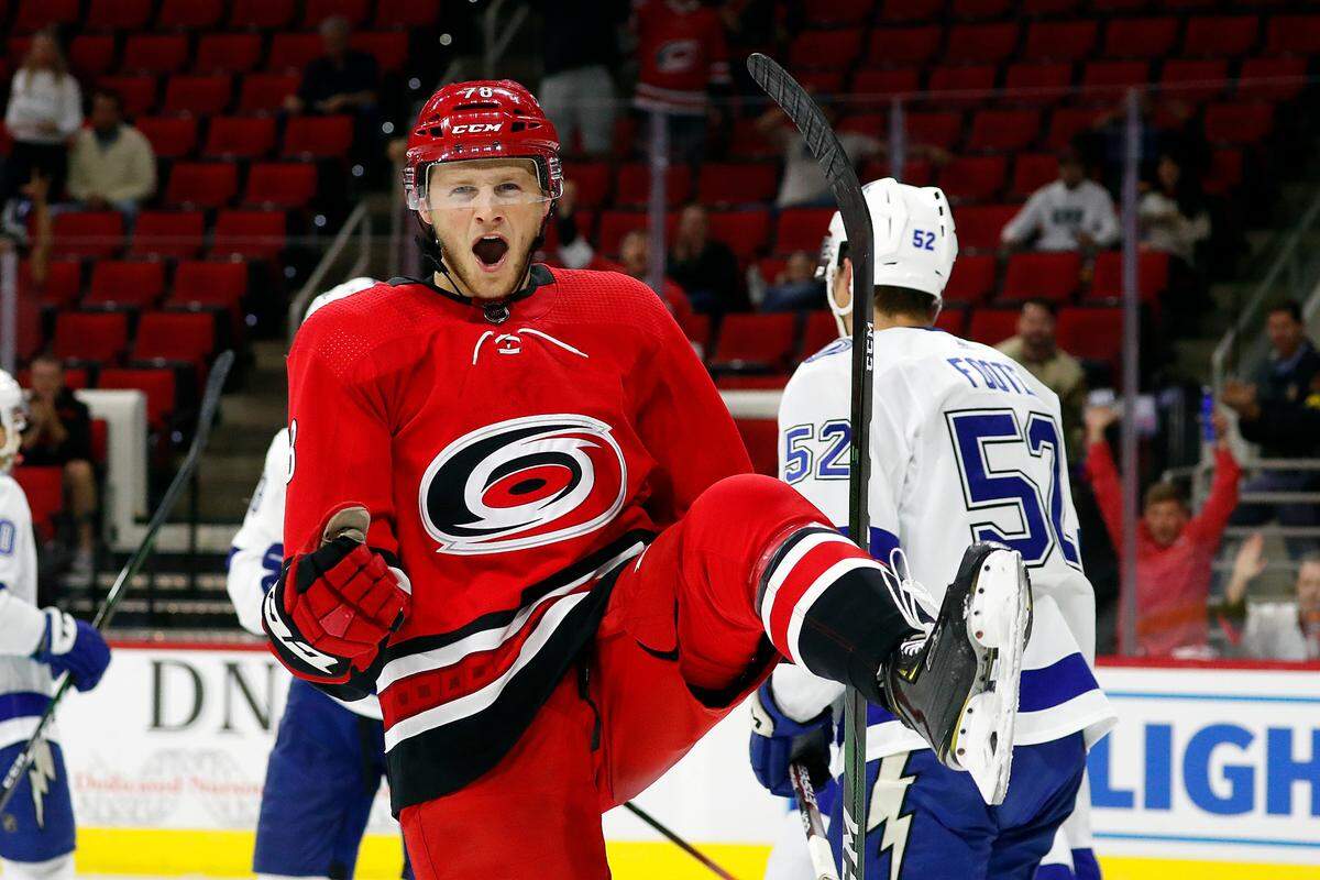 Carolina Hurricanes’ Steven Lorentz (78) celebrates his goal against the Tampa Bay Lightning during the second period of an NHL preseason hockey game, in Raleigh, N.C, Wednesday, Sept. 18, 2019, (AP Photo/Karl B DeBlaker)