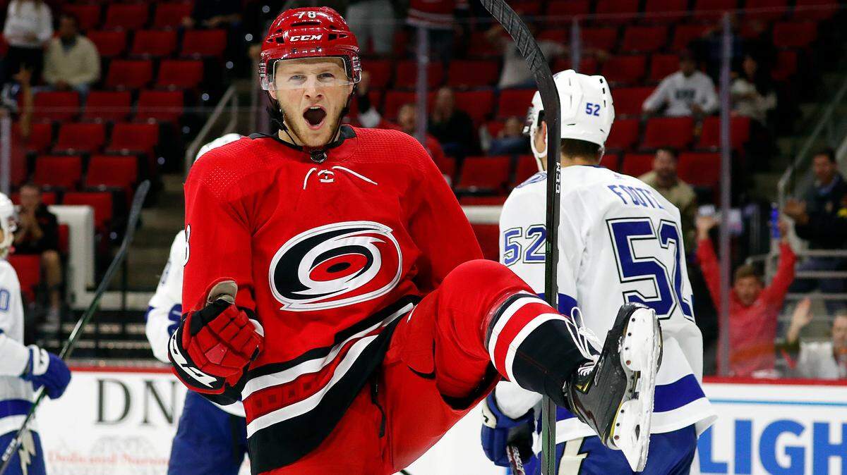 Carolina Hurricanes’ Steven Lorentz (78) celebrates his goal against the Tampa Bay Lightning during the second period of an NHL preseason hockey game, in Raleigh, N.C, Wednesday, Sept. 18, 2019, (AP Photo/Karl B DeBlaker)