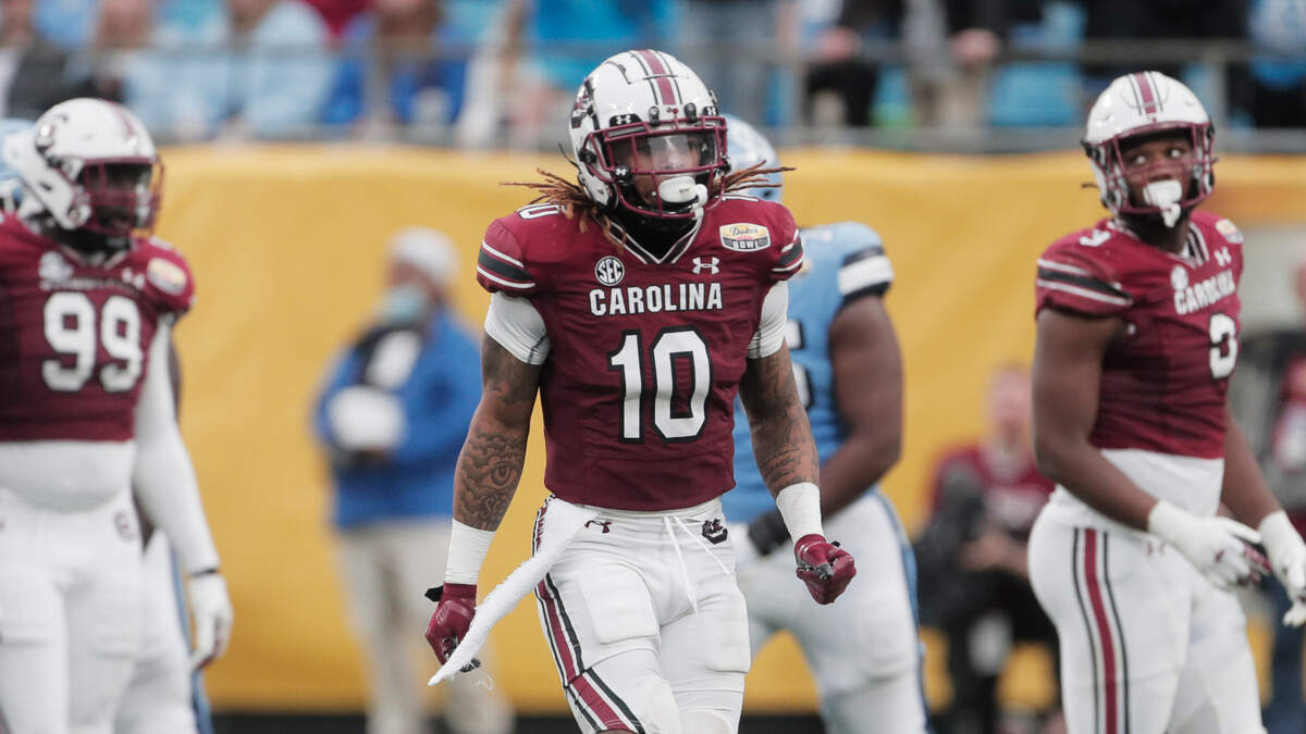 South Carolina Gamecocks defensive back R.J. Roderick (10) skips and celebrates a play in the game against North Carolina at the Duke’s Mayo Bowl at Bank of America Stadium in Charlotte, North Carolina on Thursday, December 30, 2021.