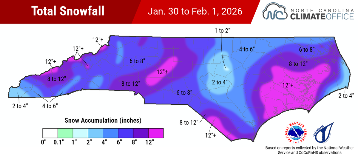 All 100 counties in North Carolina received snow during the weekend storm of Jan. 31-Feb. 1, 2026.
