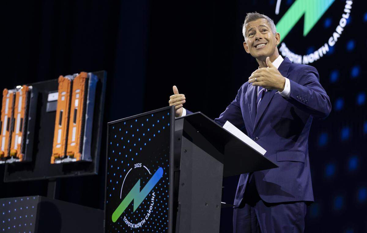 U.S. Secretary of Transportation Sean Duffy, addresses the celebration of production at Toyota’s $13.9 billion battery plant on Wednesday, November 12, 2025 in Liberty, N.C. 
