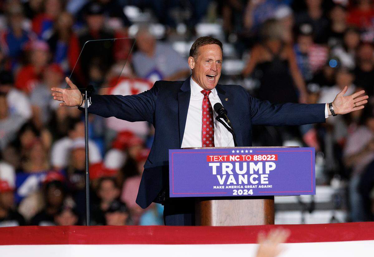 U.S. Sen. Ted Budd speaks during a rally in support of former President Donald Trump at the Greensboro Coliseum Complex on Tuesday, Oct. 22, 2024, in Greensboro, N.C.