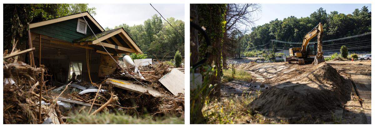 This house (left) in Chimney Rock was among those destroyed when remnants from Hurricane Helene brought catastrophic flooding and landslides to Western North Carolina. A year later (right), little evidence of the home remains. 