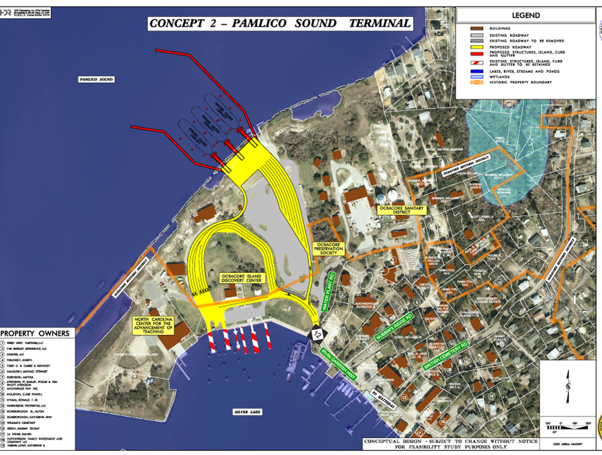 A rendering of a potential new car ferry terminal in Ocracoke Village. The N.C. Department of Transportation has come up with four options for landing Hatteras Inlet car ferries on Ocracoke, including two in the village. The proposals are in response to erosion at the north end Ocracoke Island at and near the existing South Dock ferry terminal.
