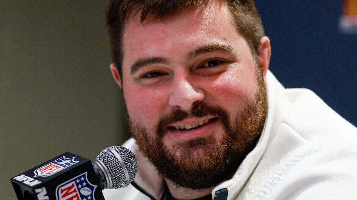 Philadelphia Eagles guard Landon Dickerson (69) during a press conference in advance of Super Bowl LIX at New Orleans Marriott.