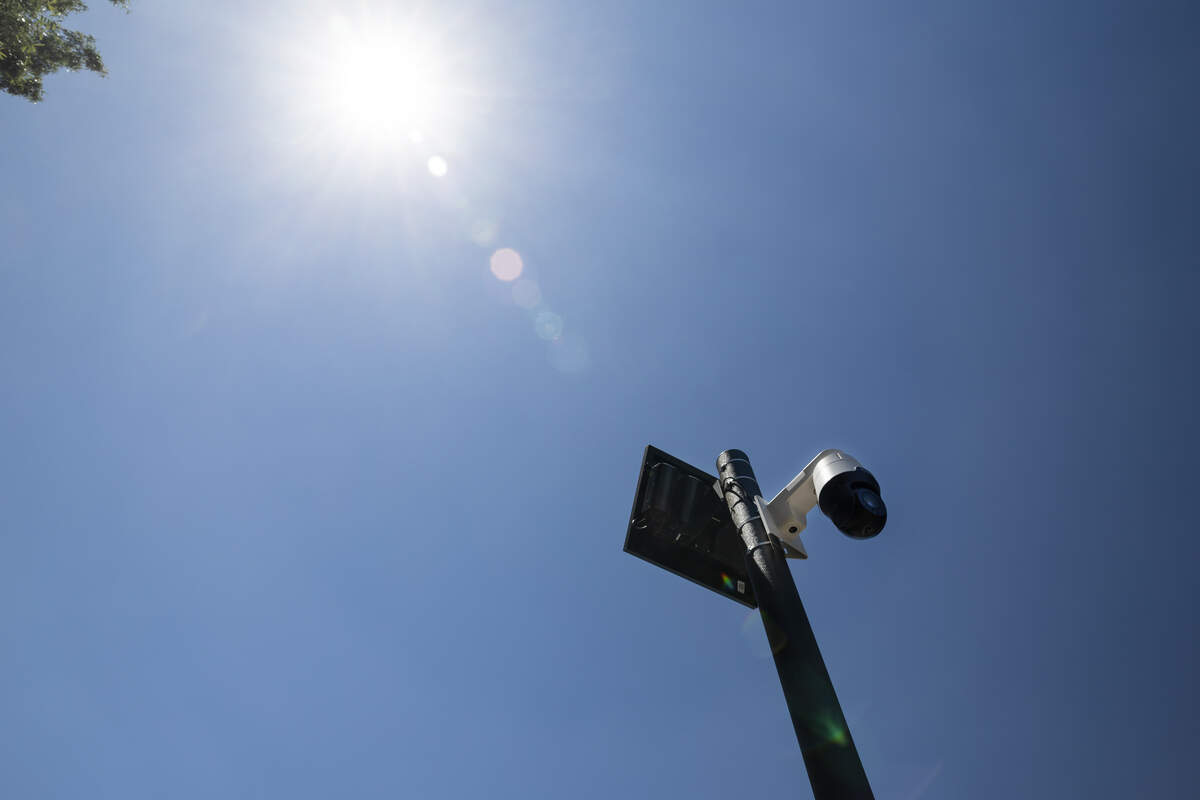 A Flock surveillance camera at one of the entrances to the parking lot of the Lowes in Garner, N.C., June 4, 2026.