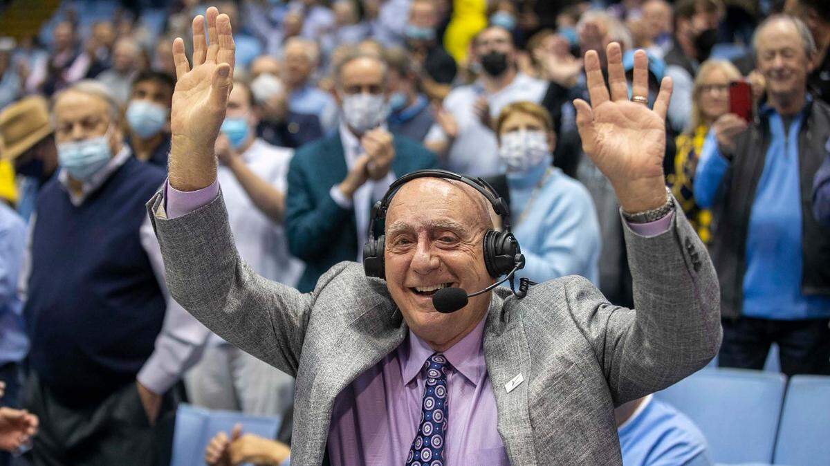 Dick Vitale is introduced to the Smith Center crowd prior to North Carolina’s game against Michigan on Wednesday, December 1, 2021 in Chapel Hill, N.C.