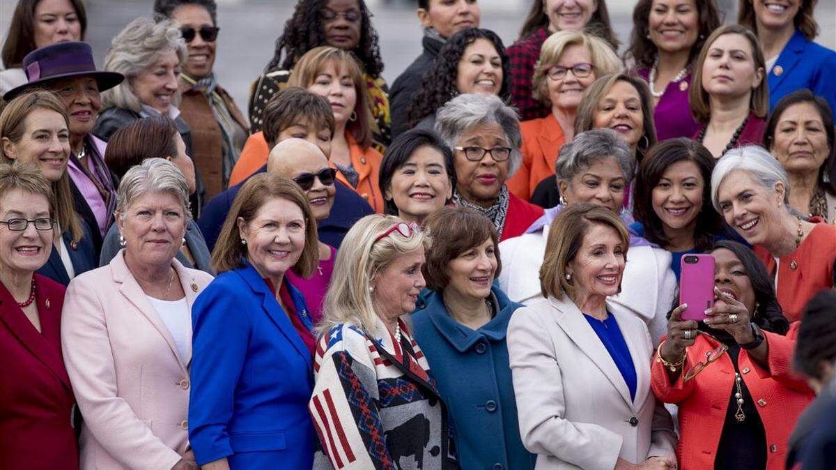 House Speaker Nancy Pelosi, bottom, second from right, with female members of the Democratic House caucus gathered outside the Capitol in January.