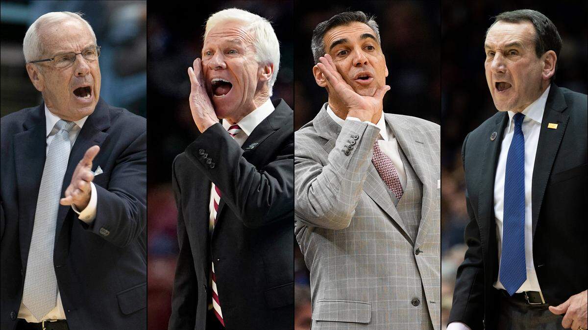 Longtime basketball coaches who have recently retired include, from left, North Carolina’s Roy Williams, Davidson’s Bob McKillop, Villanova’s Jay Wright and Duke’s Mike Krzyzewski.
