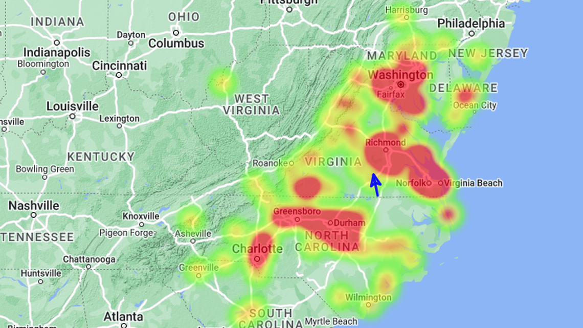 This map shows where most of the witnesses were located after they filed reports of seeing a fireball over the East Coast on June 25, officials say.