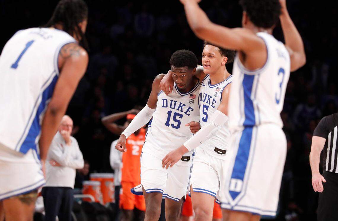 Dukes Paolo Banchero (5) walks down the court with Mark Williams (15) late in the second half of Dukes 88-79 victory over Syracuse in the quarterfinals of the ACC mens basketball tournament at the Barclays Center in Brooklyn, N.Y., Thursday, March 10, 2022.