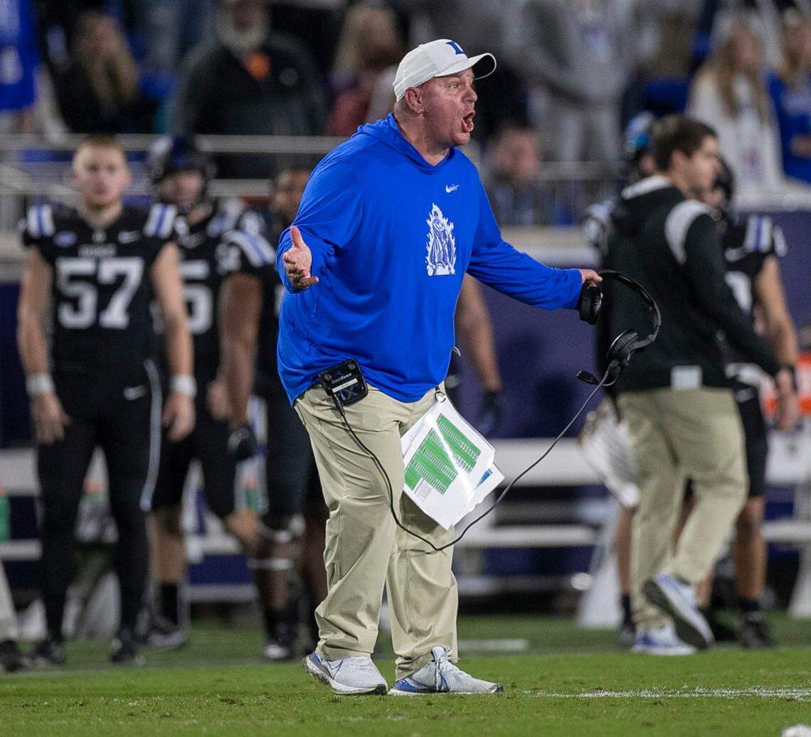 Duke coach Mike Elko reacts to a penalty against the Blue Devils in the fourth quarter against North Carolina on Saturday, October 15, 2022 at Wallace-Wade Stadium in Durham, N.C.